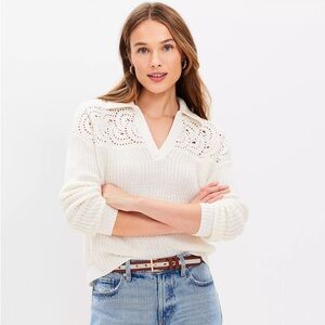 Loft Crochet Yoke Split Neck Sweater